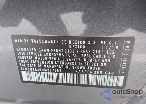 2017 Volkswagen Jetta 1.4T S z USA, uszkodzony, nr VIN 3VW2B7AJ6HM287658